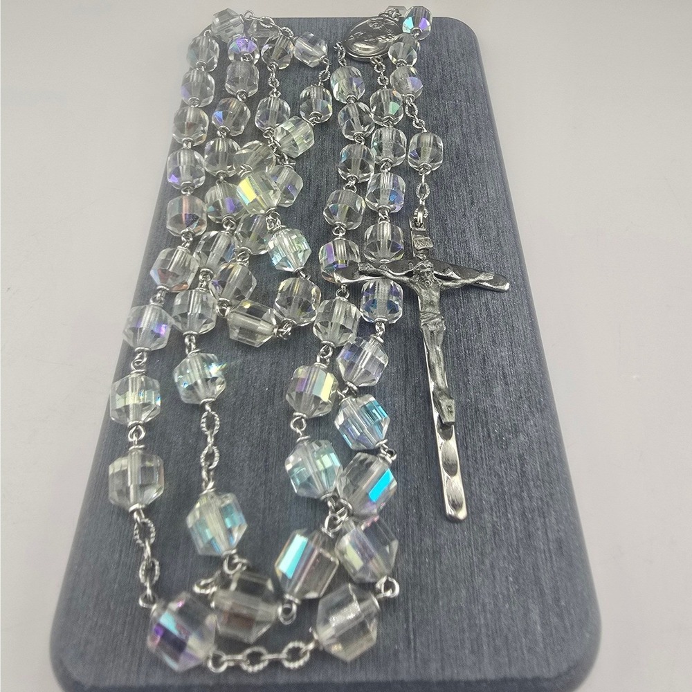 Vintage Estate Rosary Aurora Borealis Crystal Faceted Beads Silver Tone 22in